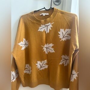 LOFT Mustard Yellow Leaf-Print Crewneck Sweater
